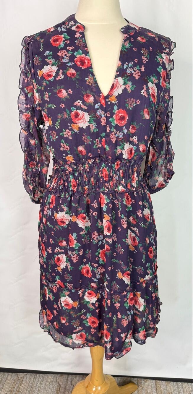Purple Floral Print Sheer Half Lined Size Unmarked P2P 22-24 and Waist 19-24